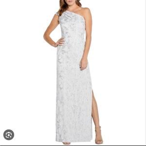 NWT Aidan Mattix Silver Metallic Evening Dress Column One Shoulder 0 XS